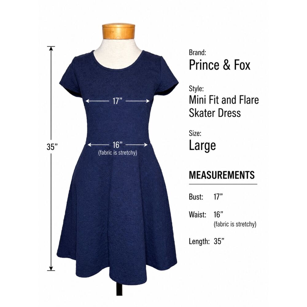 Prince & Fox Navy Blue Textured Fit Flare Skater Dress L Cap Sleeve Stretch Mini - Picture 5 of 7